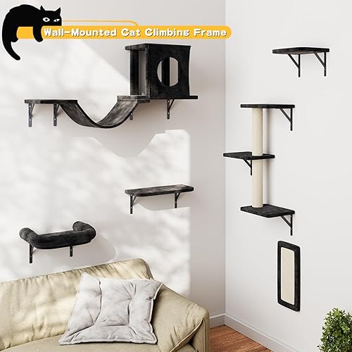 Miniatura 9 de Muebles para gatos montados en la pared, 6 muebles de pared para gatos, escalador de gatos con casa de gato, puente, árbol, escalones y rascador,