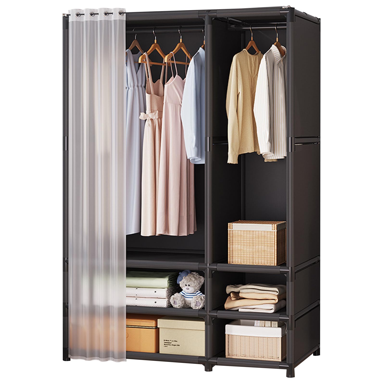 DAYONGFoldable Wardrobe, Portable Closet with 2 Hanging Rods and 4 Storage Shelves, Non-Woven Fabric And Dustproof Deisgn For Using in Bedrooms and Apartments (Black, 109 * 45 * 166.5CM)