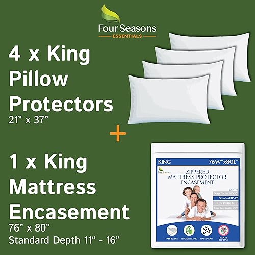 Paquete - 2 artículos: Protector de colchón con cremallera tamaño King + protectores de almohada tamaño King 4 Pc.