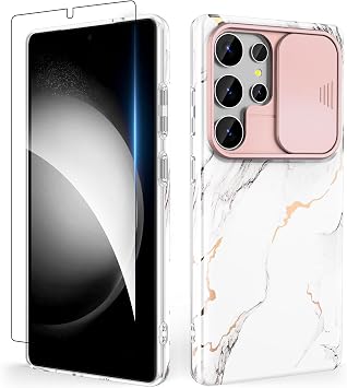 SHEDEER Case for Samsung S25 Ultra - Sliding Camera Cover & Screen Protector Samsung Galaxy S25 Ultra Case Chic Pattern Shockproof Slim Mobile Phone Case for S25 Ultra - Marble