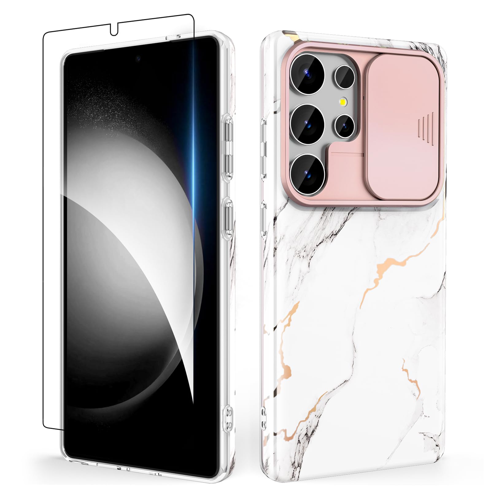 SHEDEER for Samsung S25 Ultra Case with Slide Camera Cover + Screen Protector, Galaxy S25 Ultra Case Anti-Yellowing Chic Pattern, Shockproof Anti-Scratch Thin Phone Cover S25 Ultra 6.9'', White Marble