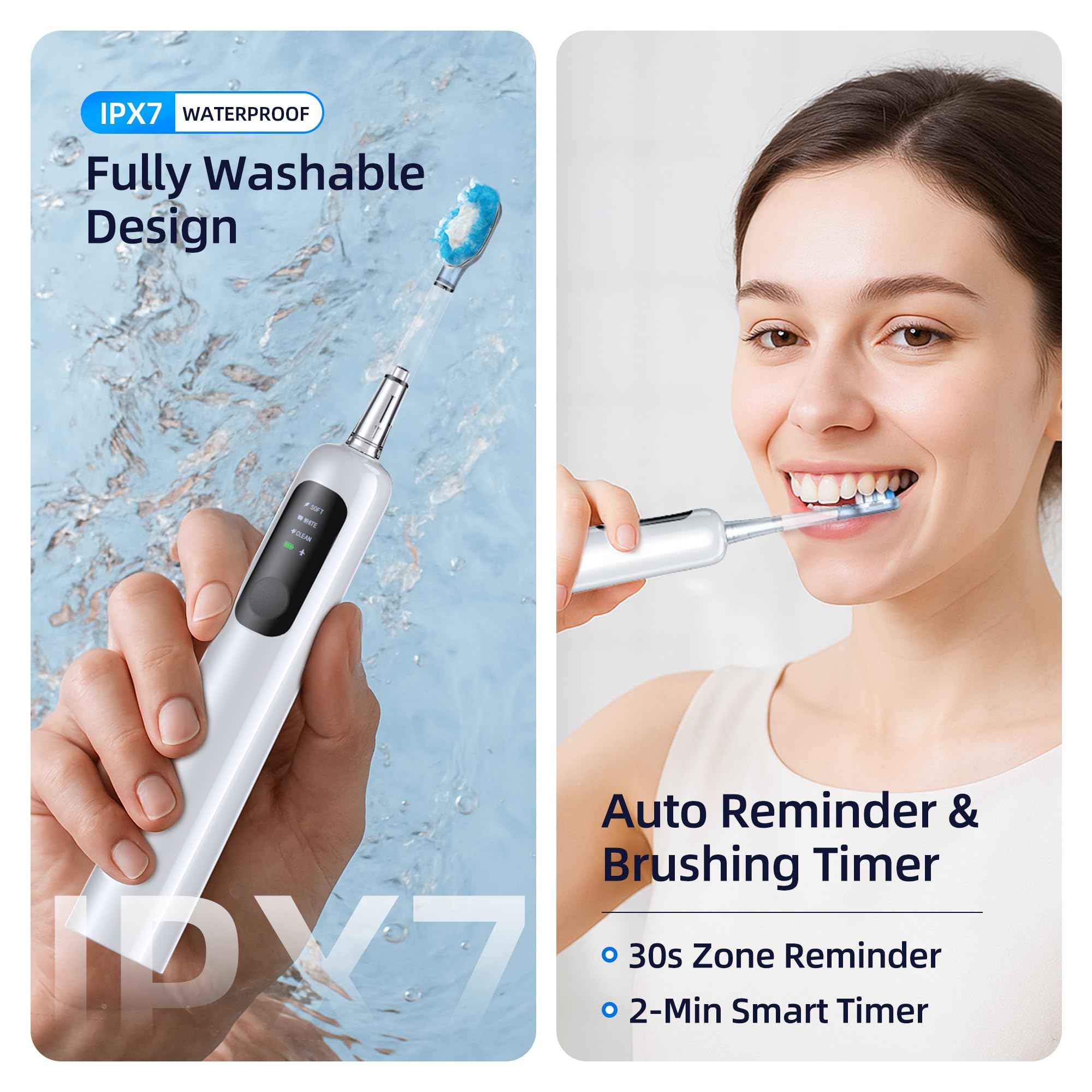 SYNHOPE 60° Oszillierende Schallzahnbürste – 33.000 U/min Power Clean, einzigartiger 60°-Schwingbereich, 3 Bürstenköpfe, IPX7 wasserdicht – Zahnaufhellung und Zahnfleischgesundheit (WEISS)