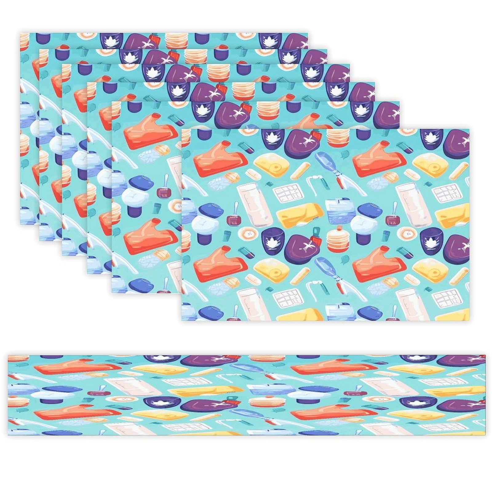 Gradient Medical Items Pattern Table Runner and Placemats Set of 6 Heat Resistant Table Runner Place Mats Modern Cloth Table Mat Washable Linen Placemat Festive Reusable Set