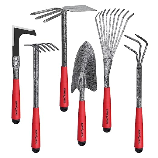 FLORA GUARD Garden Tool Set, 6 Piece Heavy Duty, Large Size Gardening Hand Tools, Sturdy & Durable, Classic Utility Gardening Gift for Men and Women