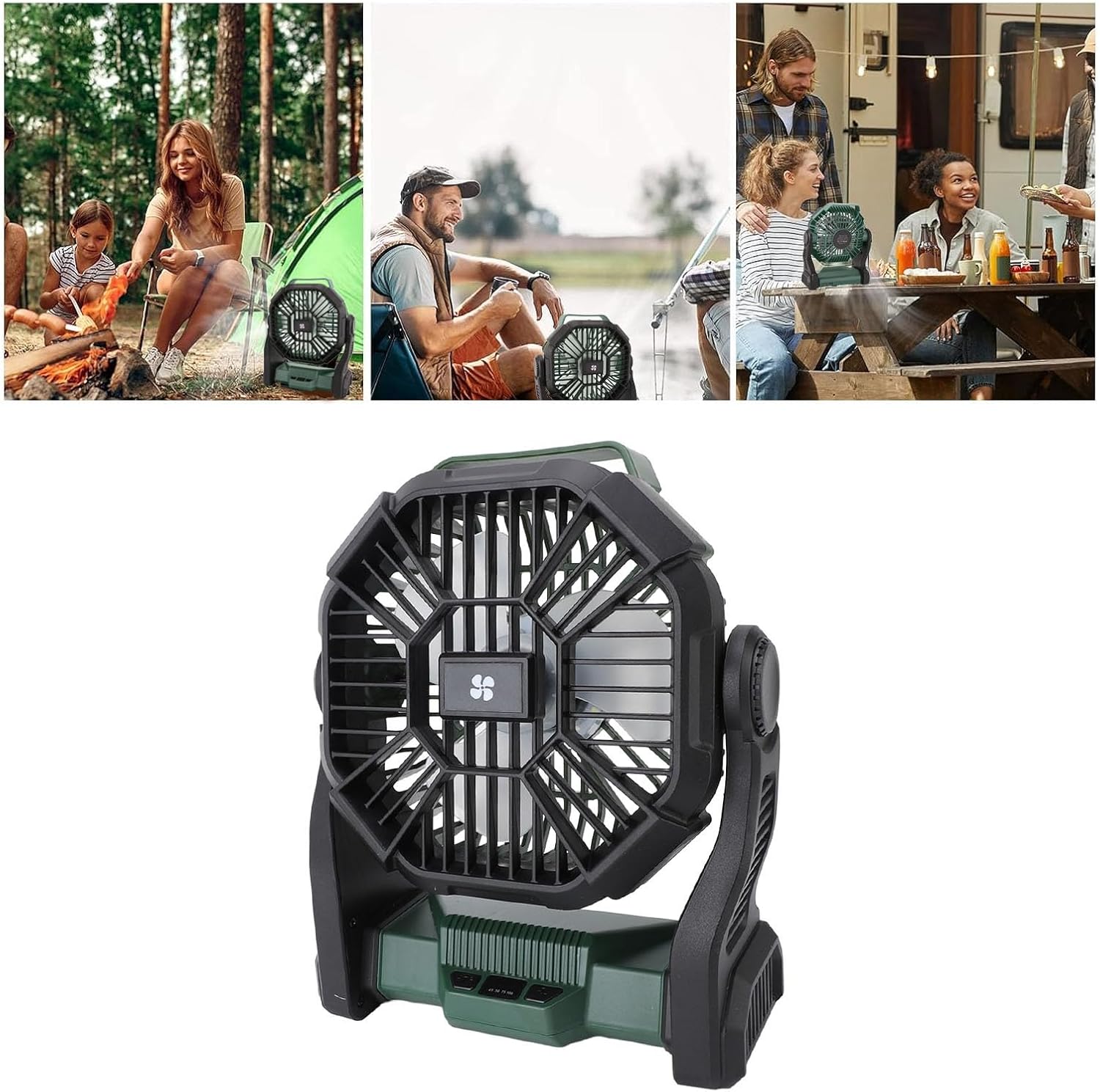 Outdoor Camping Fan with LED Lantern, USB Rechargeable, 10400mAh Battery - Quiet Brushless Motor, Portable Adjustable 360 Hook, Ideal for Hiking and Tent Use (Blackish Green)