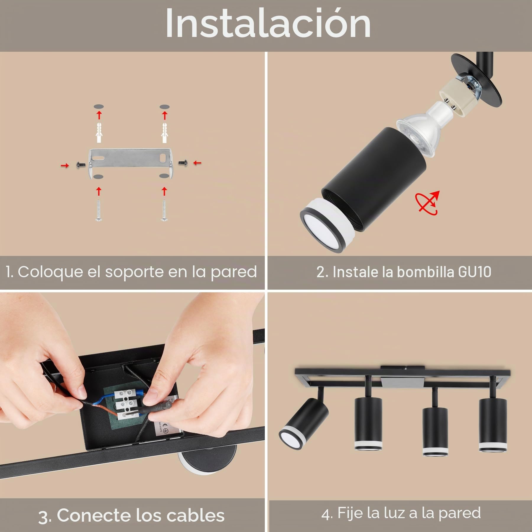 GU10 Lámpara de Techo 4 Focos, LED Foco de Techo Giratorio Negro | Lámpara de Pared Orientable 350° y Foco de Pared para Dormitorio Pasillo Cocina, Max. 40W, sin Bombilla