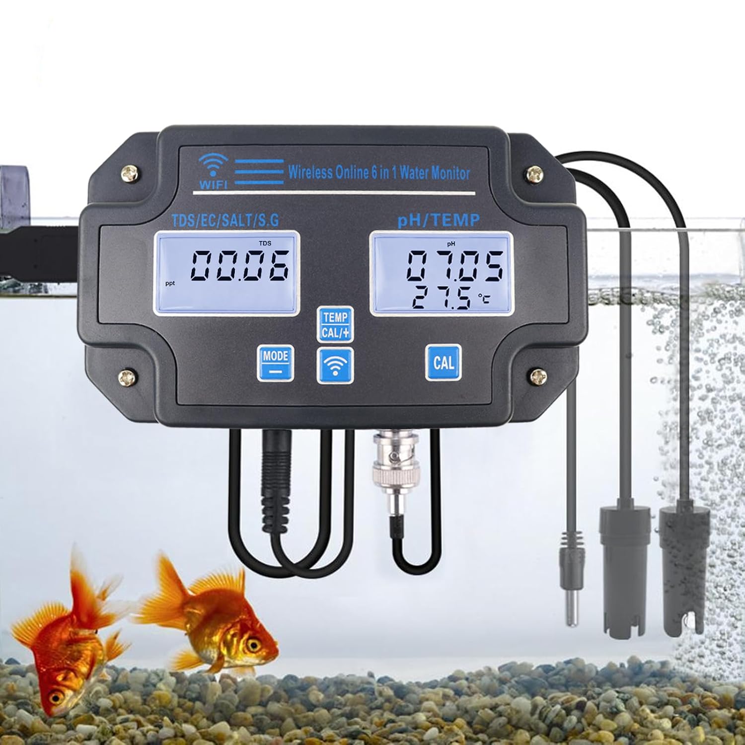 Water Quality Tester pH/EC/TDS/Salinity/SG/Temperature with Easy Calibration 24Hrs Online APP Monitoring for Fish Tank Aquariums Home Laboratory Smart Instrument