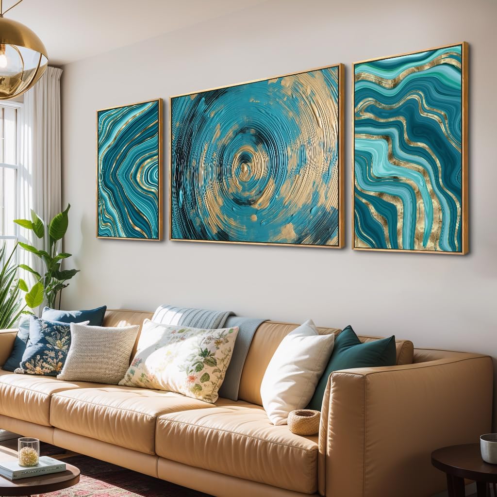Wall Art 3 Pieces Modern Wall Art Canvas Printing Teal Green and Yellow Ripples Abstract Artwork for Living Room Bedroom Dining Room Home Office Decor 24"x63" with Framed 16“x24”x2,32“x24"x1 Abstract03