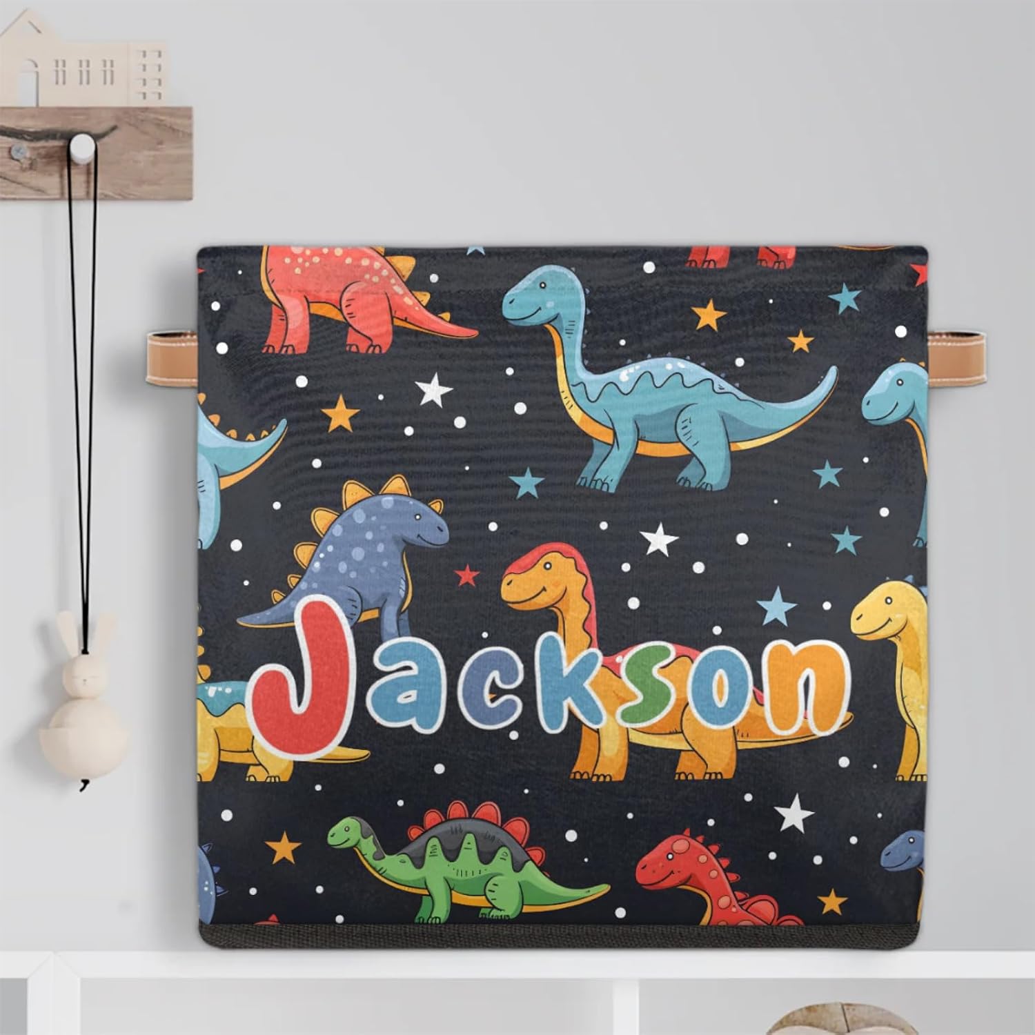 Cute Dinosaur Storage Basket with Handle Personalized Foldable Storage Bin Custom Name Square Organizer for Kids Boys Girls Dolls Clothes for Home Family Nursery Dorm Bedroom,13"