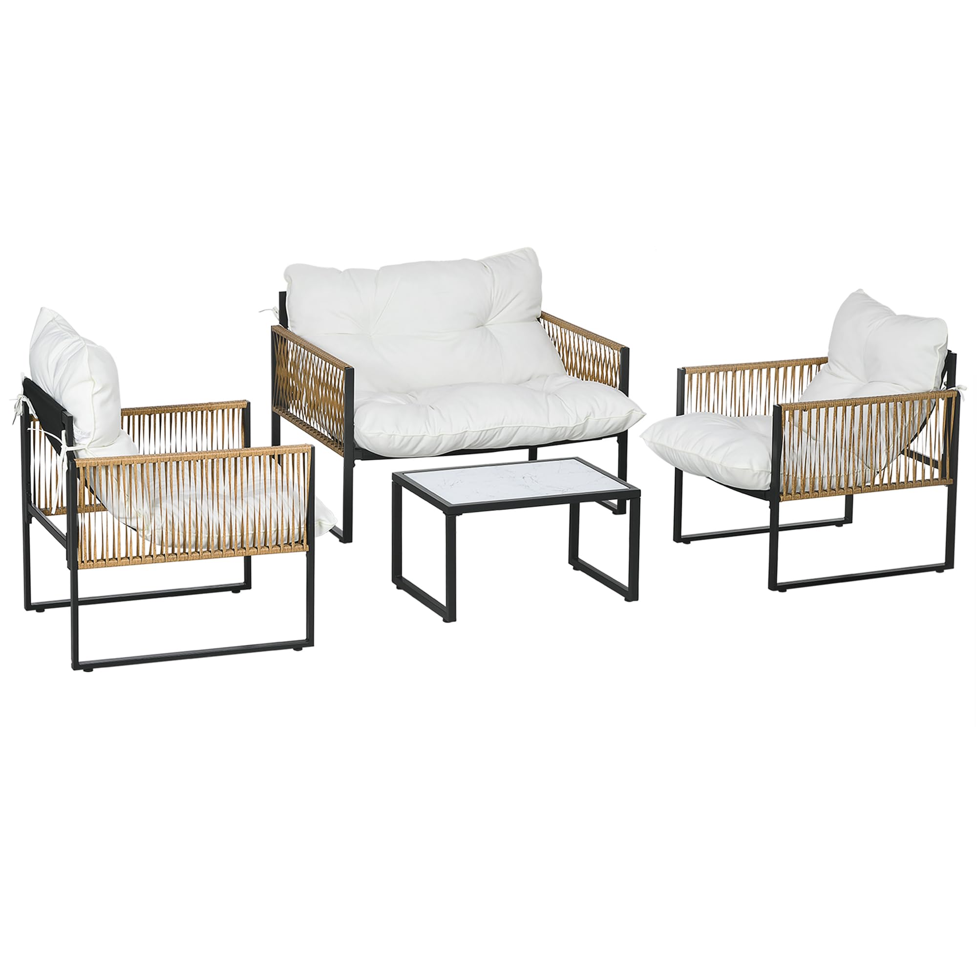 Outsunny Conjunto de Muebles de Jardín Exterior de Ratán Juego de 4 Piezas Muebles de Terraza con 1 Sofá de 2 Plazas 2 Sillones Cojines y 1 Mesa de Centro de Tablero de Vidrio para Patio Crema