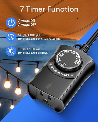 Vista 9 de HBN Temporizador de luz exterior con control remoto, temporizador de sensor de luz impermeable, rango inalámbrico de 100 pies, 2 tomas de tierra