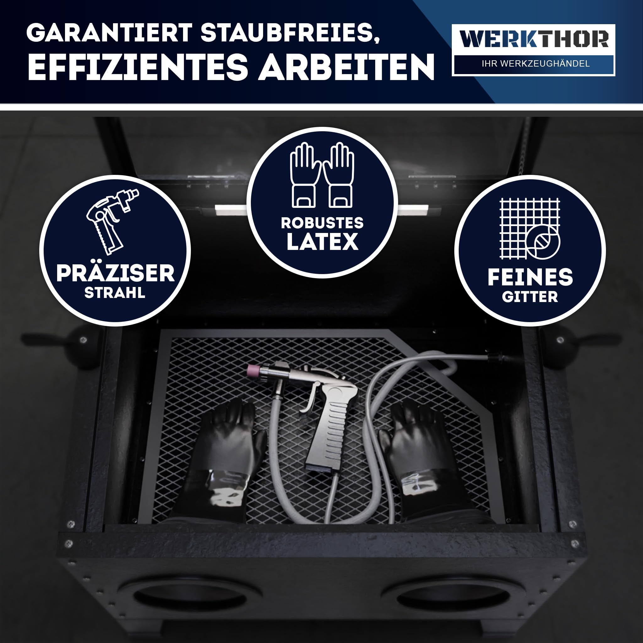 Werkthor Sandstrahlkabine 90 Liter - Sandstrahlgerät für Holz & Metall mit Strahlpistole & 4 Keramikdüsen - Sandstrahler zur Aufbereitung - 25 Gallonen