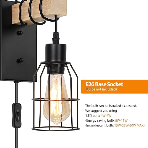 Miniatura 4 de Apliques de pared, lámpara de pared con cable enchufable, juego de 2 con pantalla de jaula de metal, luces de pared de madera maciza para