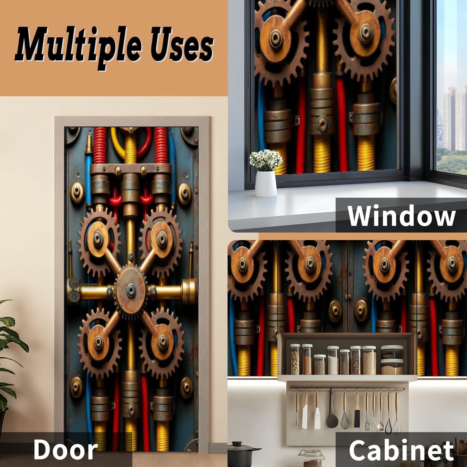 Self Adhesive Vinyl Refrigerator Wrap Steampunk Mechanical Gears Brass Copper Pipes Industrial Style Door Mural Sticker Peel and Stick Removable Door Cover Fridge Wrap Decal for Kitchen Decor