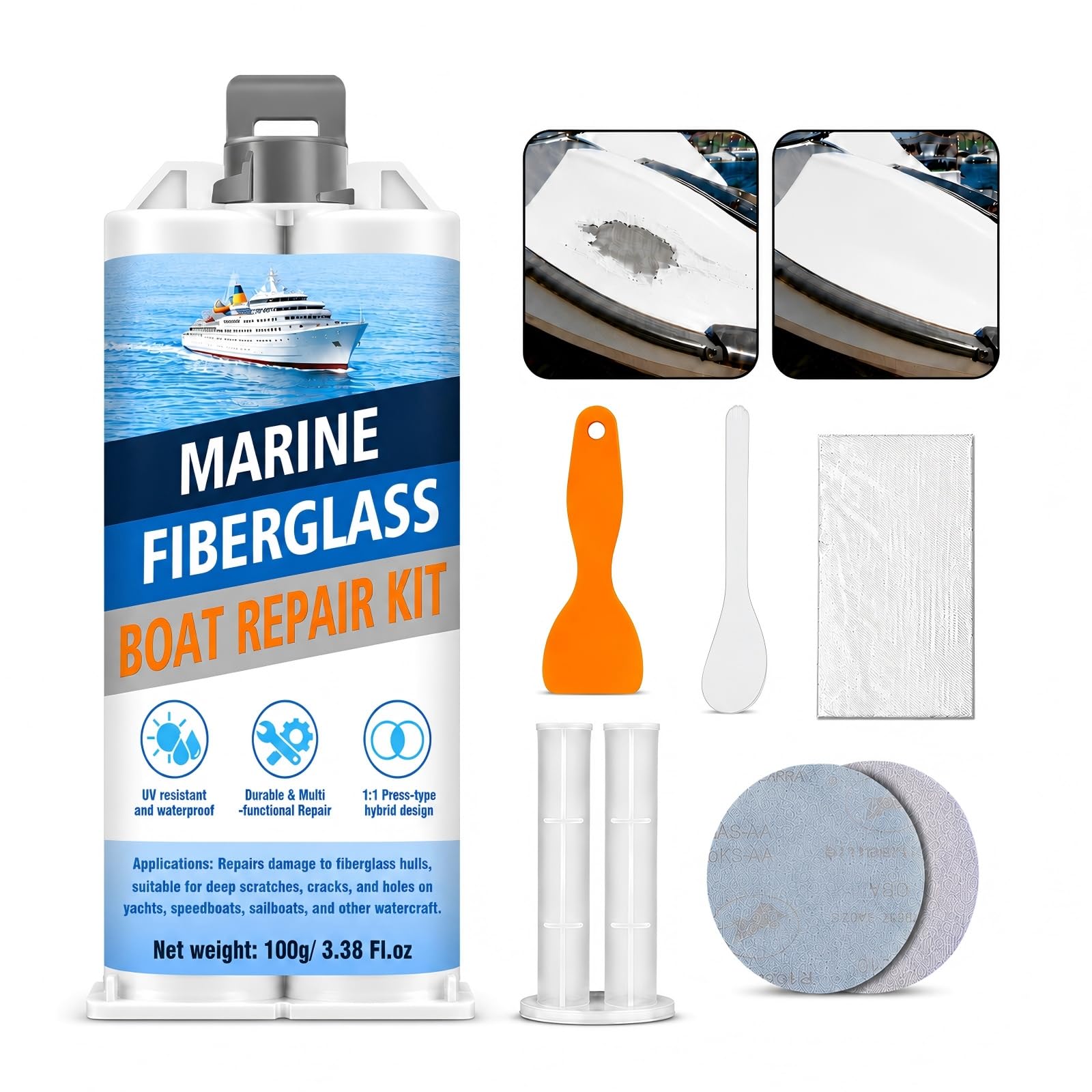 Marine Fiberglass Repair Kit for Boats, Gel Coat Repair Kit with Waterproof Epoxy Filler, Boat Fiberglass Repair Kit to Fix Holes, Chips, Deep Cracks &amp; Scratches, White, Above-Waterline Use