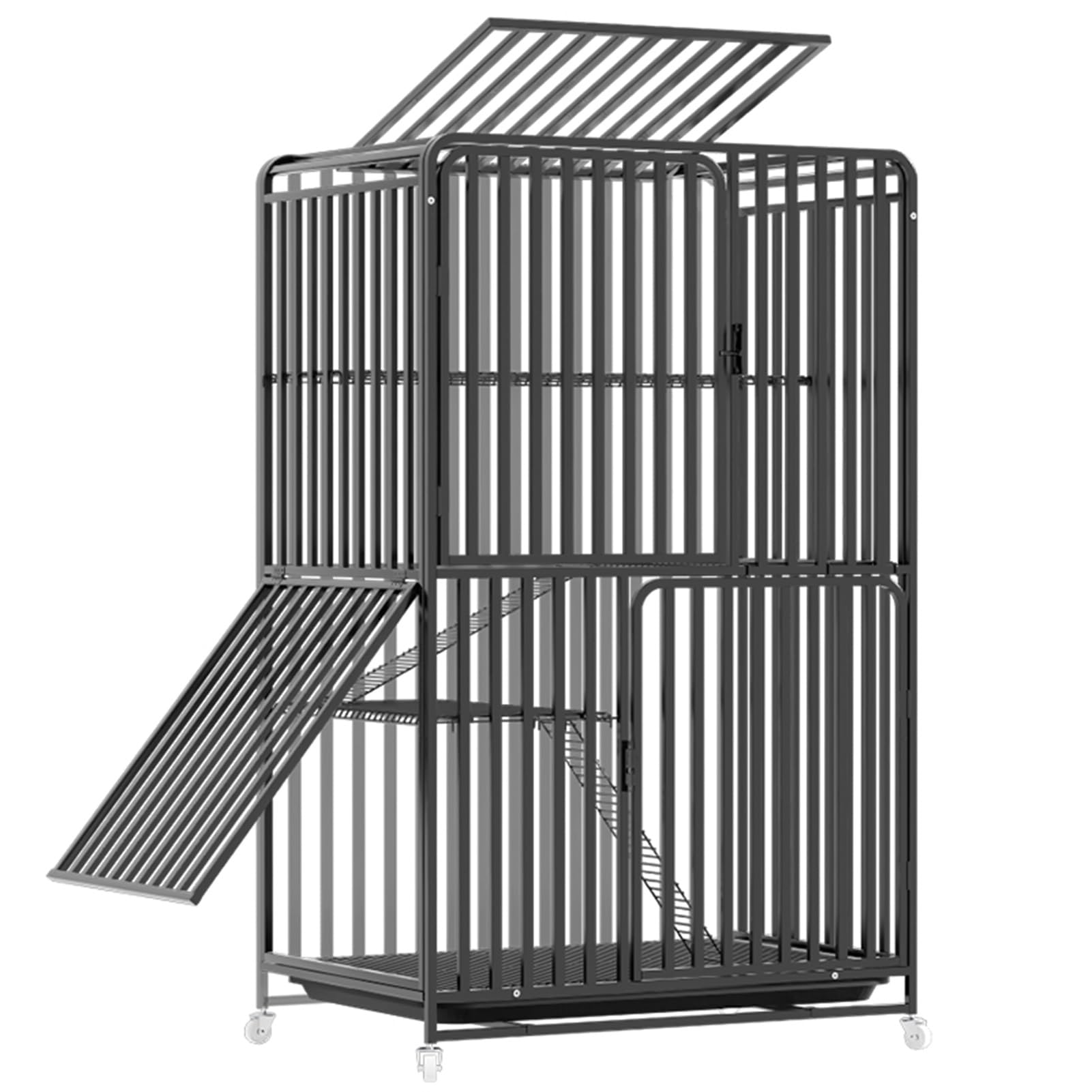 Gabbia per Gatti da Esterno con Piattaforme - Recinto Catio per 1-3 Gatti, Portatile con Ruote e Vassoio Rimovibile, Ideale per Giocare e Rilassarsi in Sicurezza (Nero)