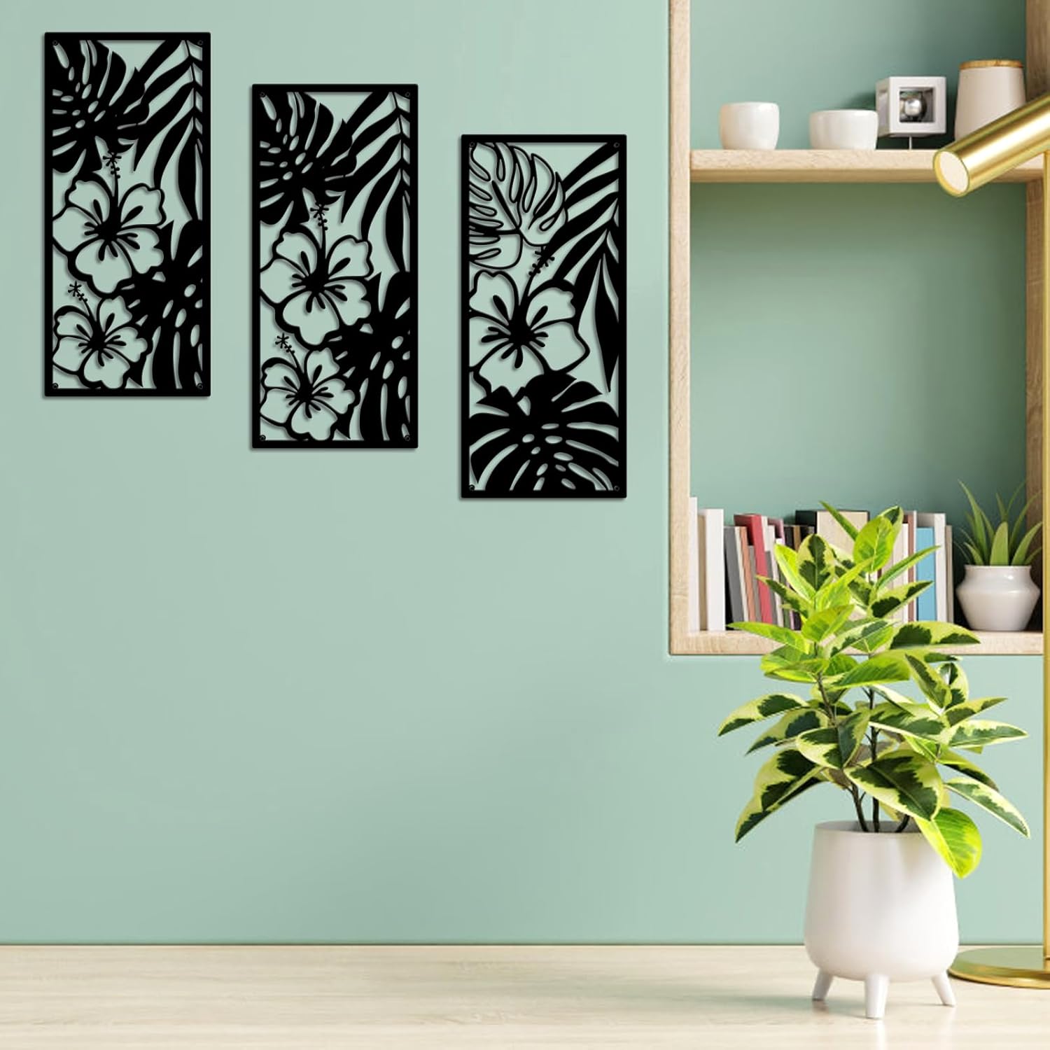 Resama Palm Leaves Metal Wall Decor 3 Pcs Tropical Wall Art Minimalist Hibiscus Flowers Decor Vintage Tropical Plant Wall Sculpture for Living Room Bedroom Bathroom Office (Classic Style,Black)