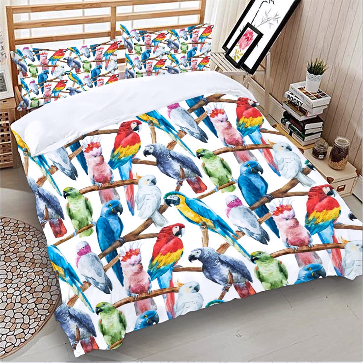 Parrot Duvet Cover Set Double Size Colourful Bedding Set for Boys Girls Kids Youth Teens Macaw Budgerigar Bird Duvet Cover Novelty Tropical Animal Decor 3D Printed Comforter Cover Quilt Cover - Image 3