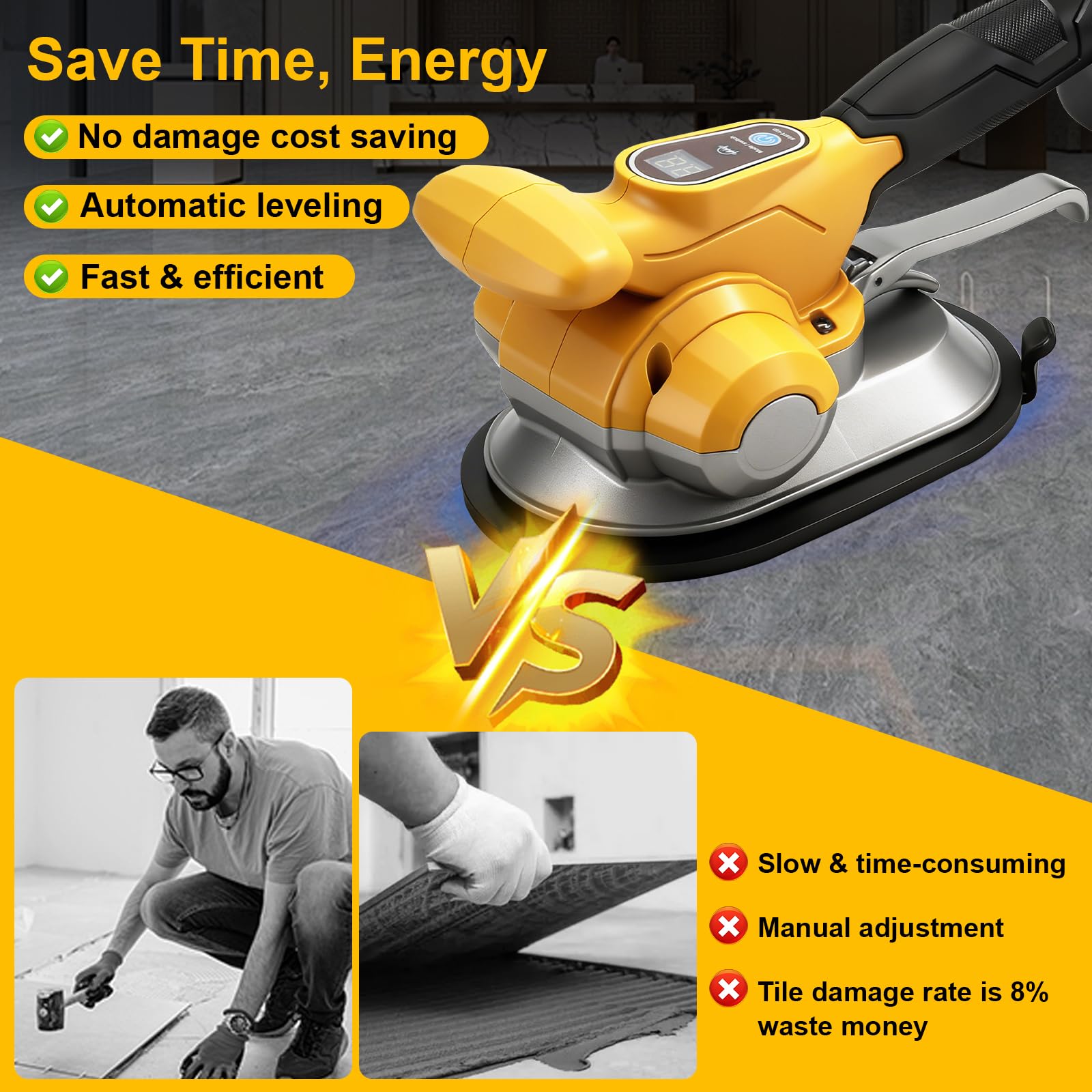 Herramienta vibradora de azulejos con 6 velocidades ajustables, compatible con Dewalt 18 V, 20 V baterías (solo herramienta), 200 kg de adsorción, inalámbrico, Vibrador Baldosas sin Cable