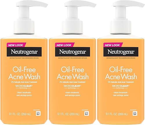 Neutrogena Oil-Free Acne Wash, Acne Fighting Facial Cleanser with Salicylic Acid Medicine, Acne Treatment for Face, Non-Comedogenic, Residue-Free, 9.1 fl oz Pump Bottles, 3 Pack