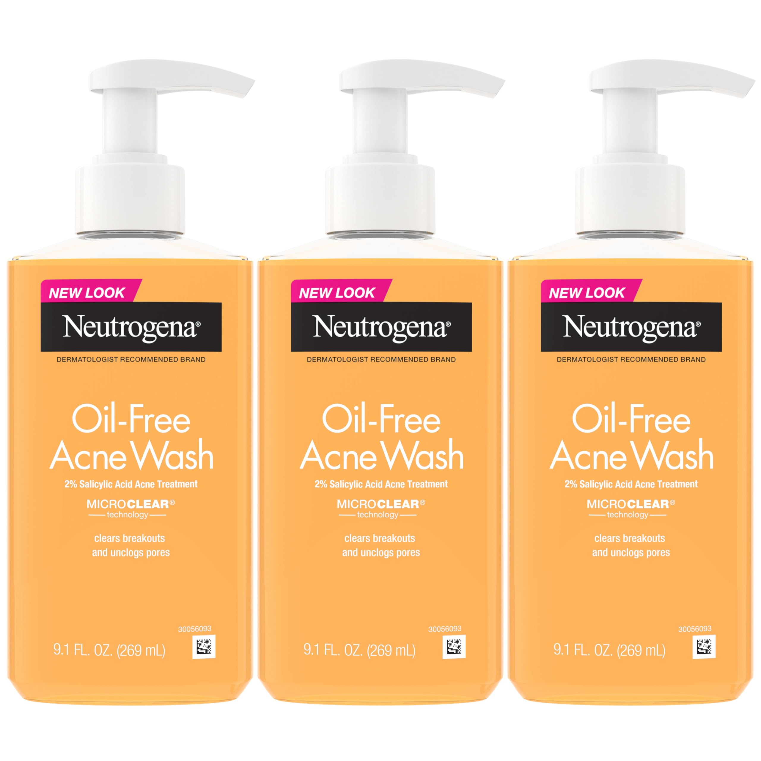 Neutrogena Oil-Free Acne Wash, Acne Fighting Facial Cleanser with Salicylic Acid Medicine, Acne Treatment for Face, Non-Comedogenic, Residue-Free, 9.1 fl oz Pump Bottles, 3 Pack