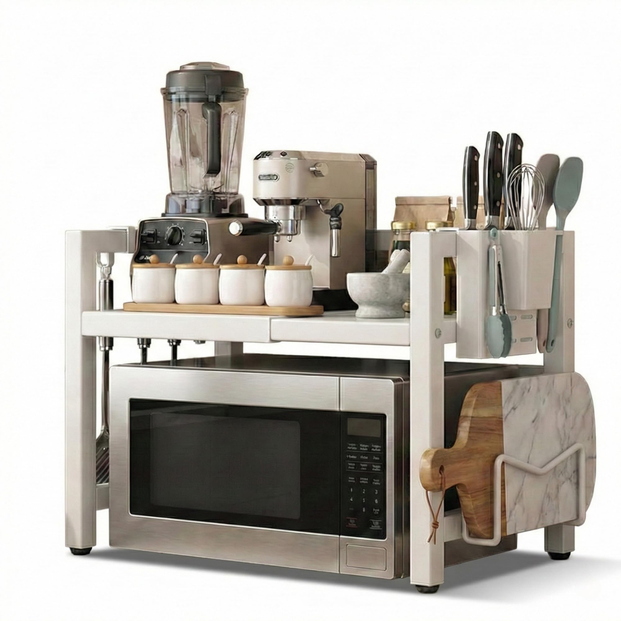 Soporte Microondas Extensible Estantería Microondas Acero al Carbono Bandeja Lateral 6 Ganchos 2 Soportes Utensilios Mueble para Microondas Cocina Carga Superior hasta 20Kg.