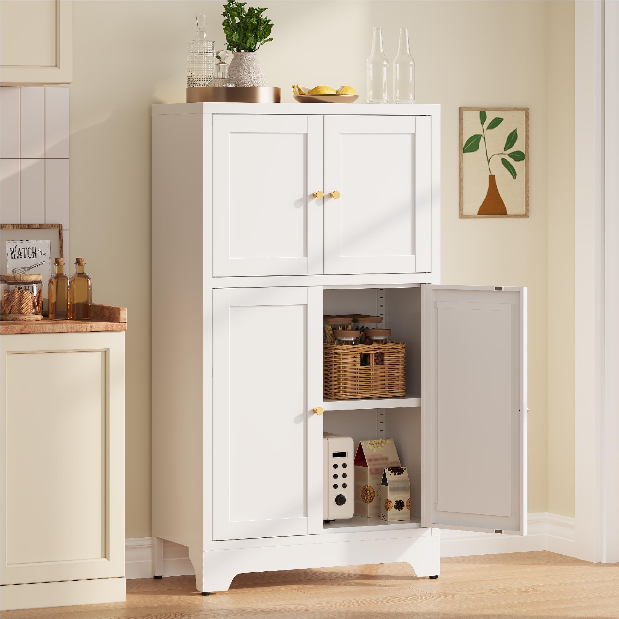 XIOMIOHTRQ Metal Bathroom Storage Cabinet, Freestanding Storage Cabinets with 4 Doors and 2 Adjustable Shelves,White Metal Floor Cabinet for Restroom,