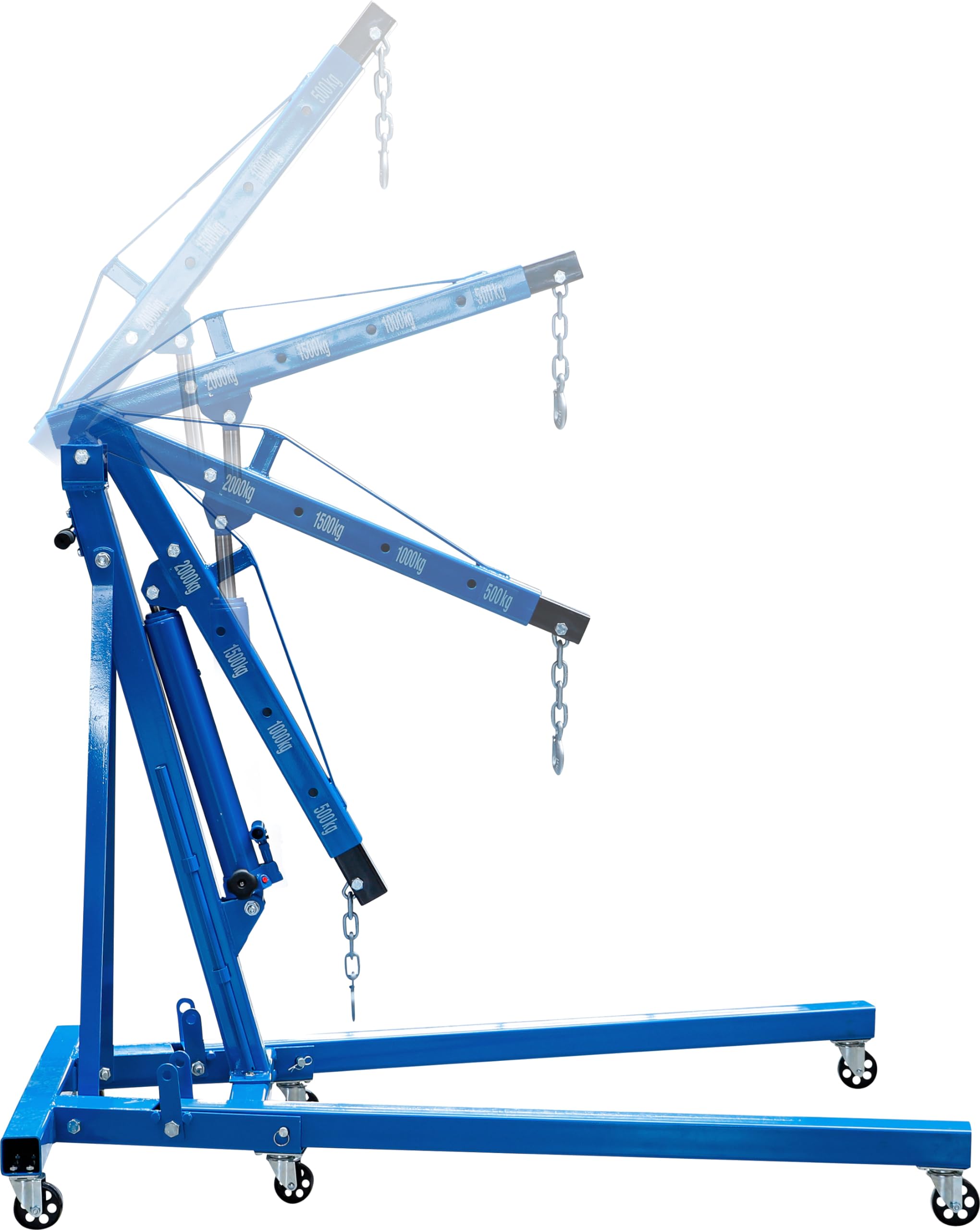 BGS 70183 | Motorkran 2000 kg | Werkstattkran | faltbar | hydraulisch | Teleskop-Kranausleger 4-fach verstellbar | Hubbereich 25 - 2445 mm | Sicherheits-Lasthaken | 2 Rollen, 4 Lastenlenkrollen