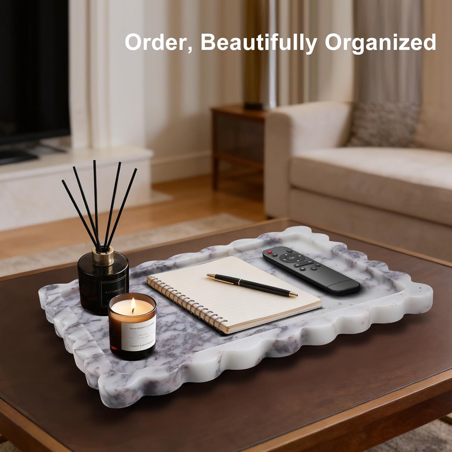 14" x 10" Large Genuine Calacatta Viola Scalloped Marble Tray, Pre-Sealed for Stain & Water Resistance, Luxury Decorative Trays for Vanity, Bathroom, Dresser, Coffee Table, Home Decor