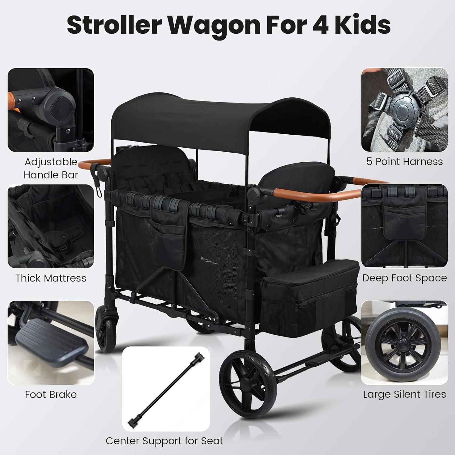 Foldable Stroller Wagon for 4 Kids & Cargo, All-Terrain Wheels, Adjustable Handle, Removable Canopy, 5-Point Harness, Compact Foldable Design image 6 of 8 B0F42MNVLT