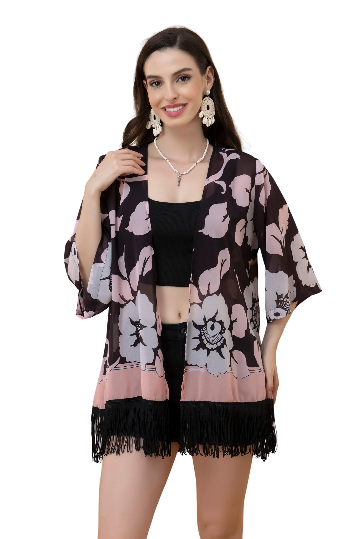 purys Women's Black, White & Peach Placement Print Fringed Kimono Shrug, Freesize-picture-7