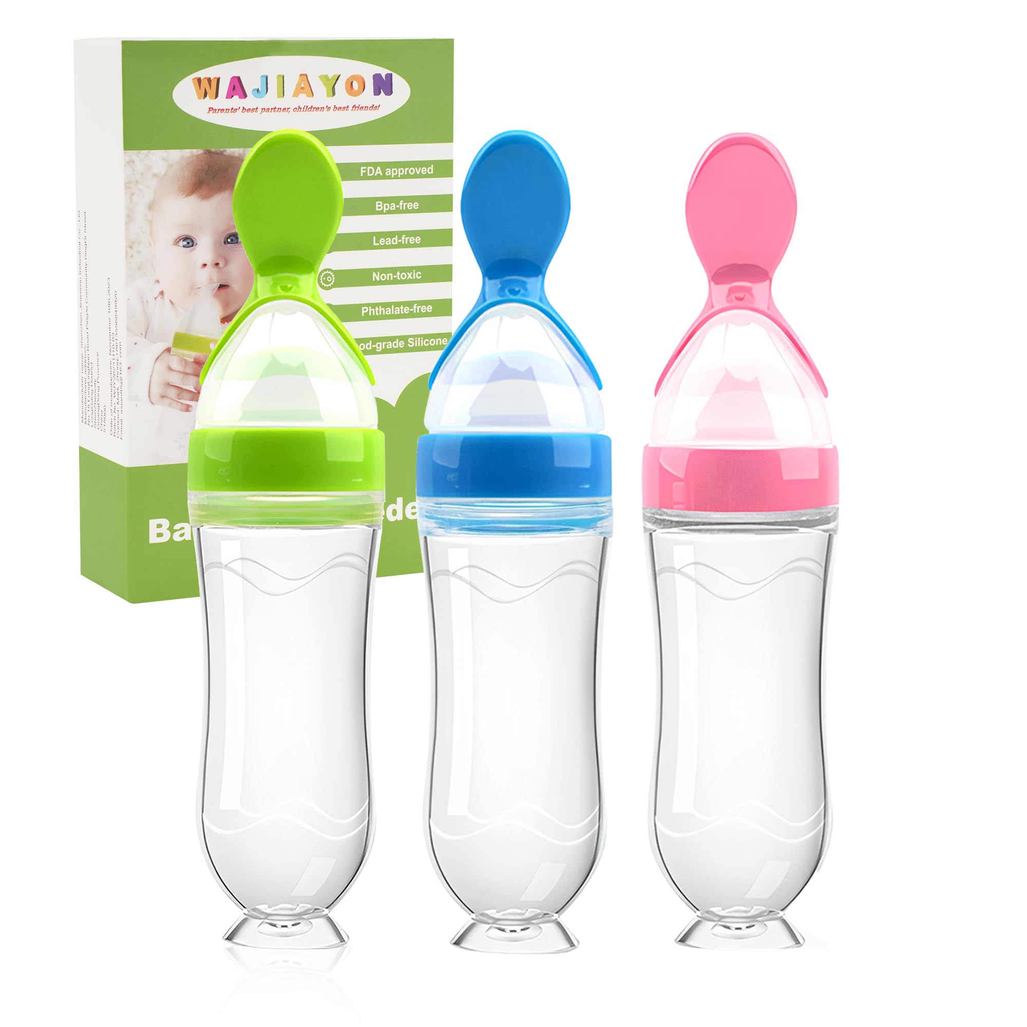 WAJIAYON Baby Food Feeder 3 Pack Silicone Baby Food Dispensing Spoon with Standing Base for Infant- 3 oz Squeeze Feeding Spoons with Suction Cup for