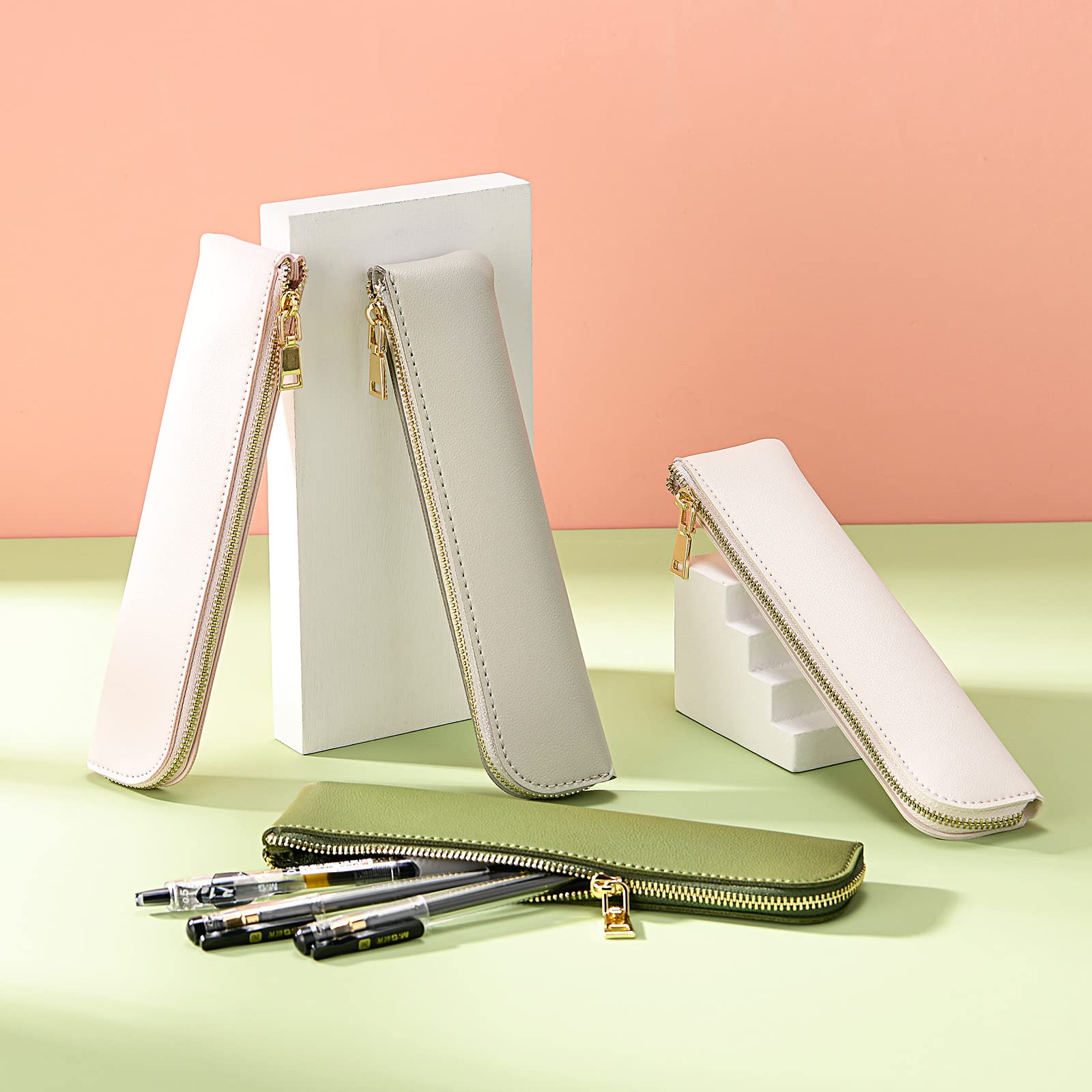 Skórzany piórnik, cienki miękki piórnik, mały piórnik dla dorosłych, skóra seniora Minimalny piórnik z zamkiem błyskawicznym, Off-White, Art Seco