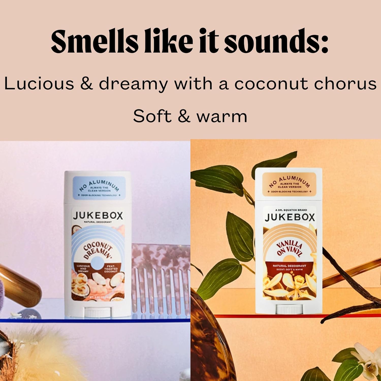 JUKEBOX Natural Deodorant for Women–Coconut Dreamin' & Vanilla on Vinyl Scents, Multi Pack-Aluminum-Free, No Baking Soda, No Harsh Chemicals, Odor Blocking Technology-a Dr. Squatch Brand-2.65oz,2 Pack
