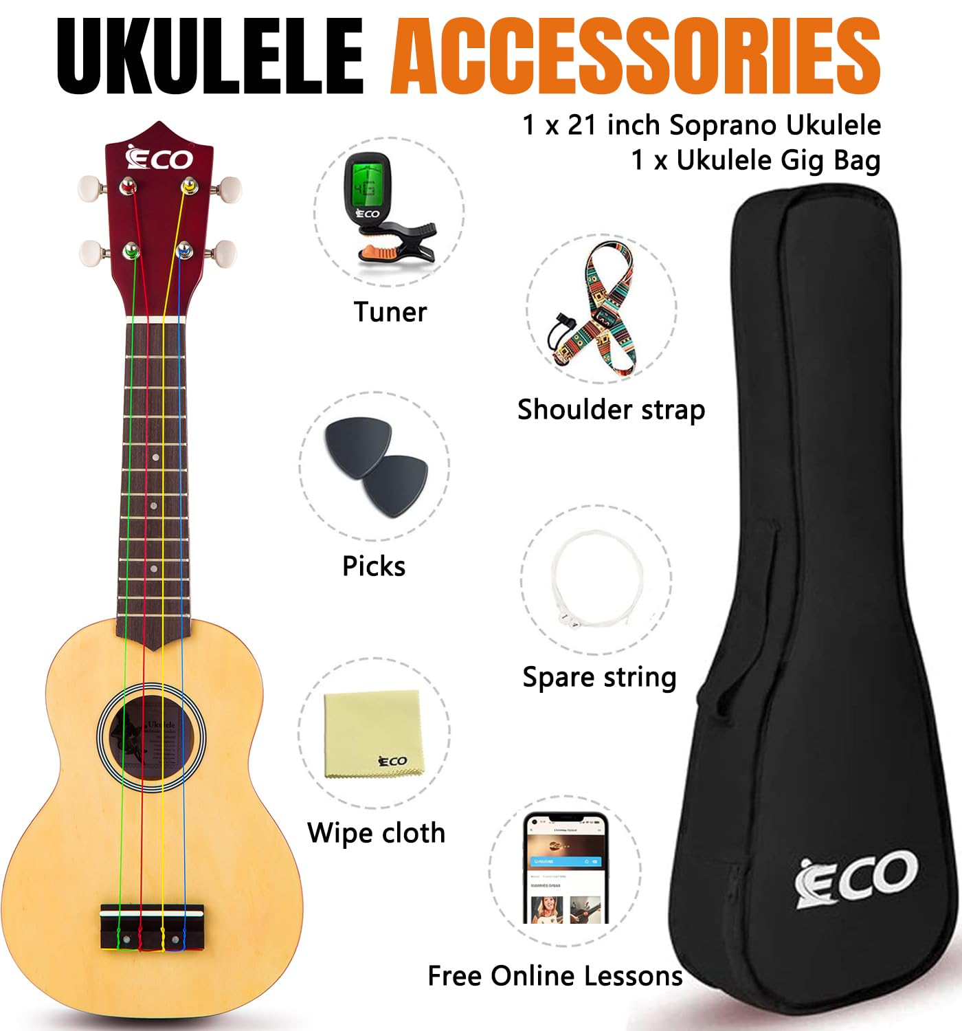 Sopran Ukulele Anfänger Kit für Kinder & Anfänger, 21 Zoll Ukelele mit Songbook, Case, Strap, Tuner, Strings & Picks - Natural | Für Kinder, Erwachsene, Studenten, Anfänger, Profi, mit Koffer, Gurt, Stimmgerät, Saiten, Plektren