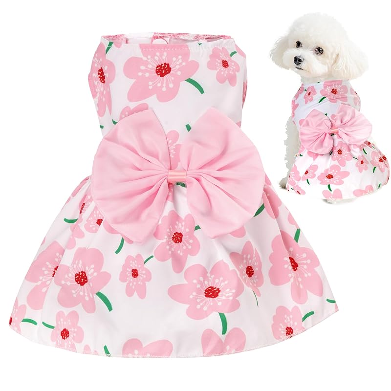 Vestido Floral para Cães e Gatos Pequenos, Tecido Leve e Modelo Clássico choyaxo, Rosa, Small