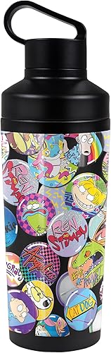 Nickelodeon 90'S OFFICIAL Nick 90'S Buttons - Botella de agua aislada de 18 onzas, resistente a fugas, de acero inoxidable aislado al vacío con tapa