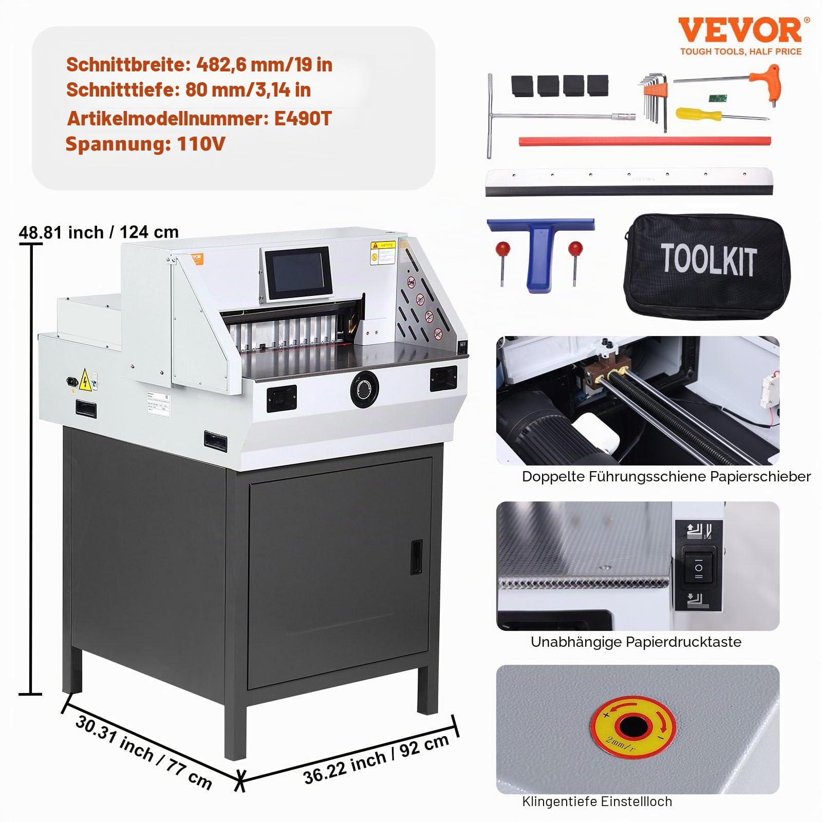 VEVOR Elektrischer Papierschneider Hebelschneider, 482,6 mm Max. Schnittbreite, 80 mm Max. Schnittstärke, Papierschneidemaschine, 800 Blatt Standard-Kopierpapier Papier Schneidegerät ±0,3 mm