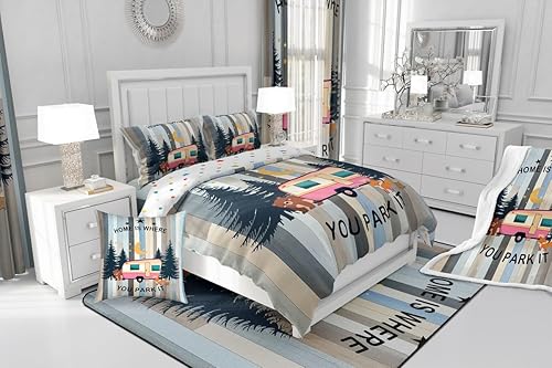 Miniatura 7 de Juego de ropa de cama Happy Camping para niñas, niños y adolescentes, juego de edredón rosa de coche rv, edredón de plumón vintage de madera