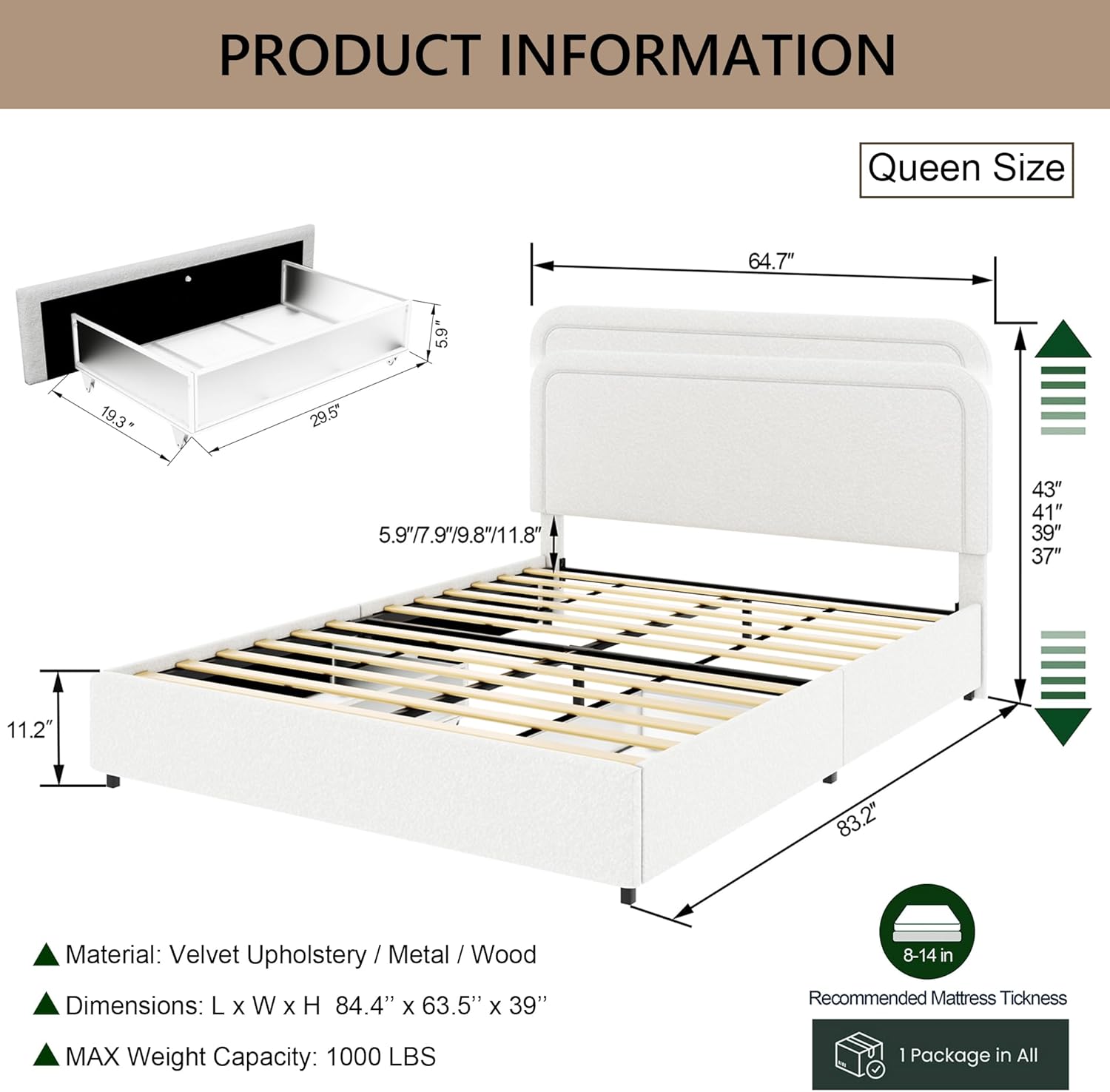 Queen Storage Bed Frame with 2 Patented Drawers - Luxury Ivory Boucle Upholstered Platform Bed, Curved Stitched Tufted Headboard, 1000lbs Heavy Duty Support, No Box Spring Needed