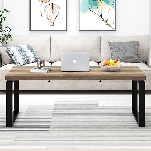 Miniatura 6 de EXCEFUR - Mesa de café, mesa moderna de madera y metal para sala de estar, mesa central industrial rectangular para oficina en casa, roble rústico,
