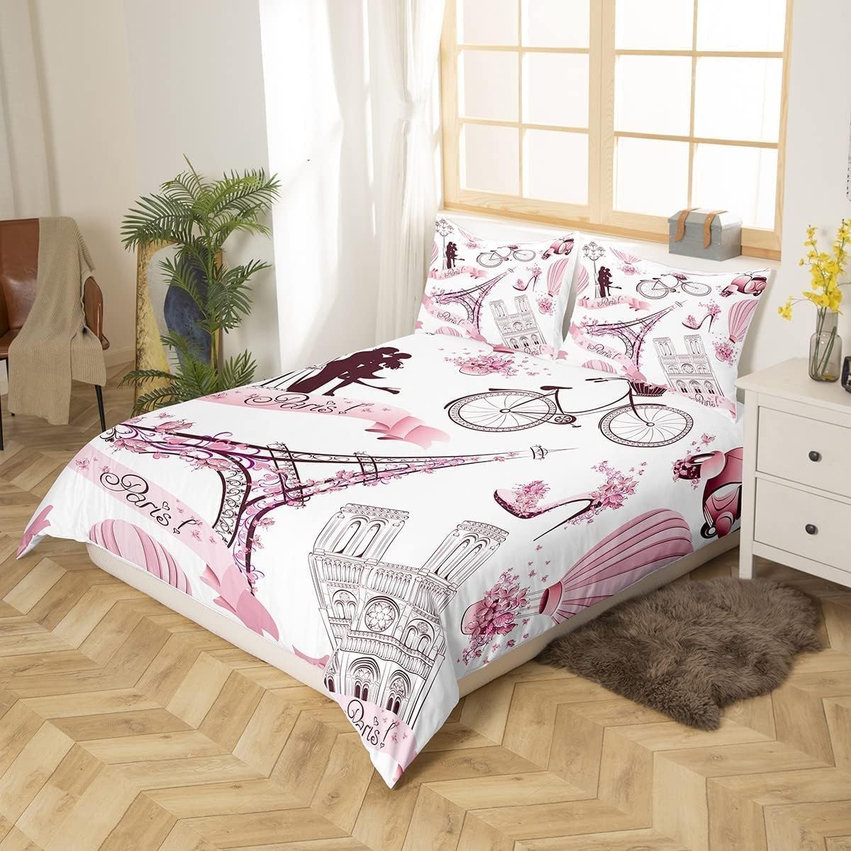 Paris - Copripiumino 200 x 200 cm, set di biancheria da letto, motivo: Torre Eiffel Francia per bambini, ragazze, donne, set da letto a farfalla rosa, per letto romantico, coppia, da viaggio, rosa