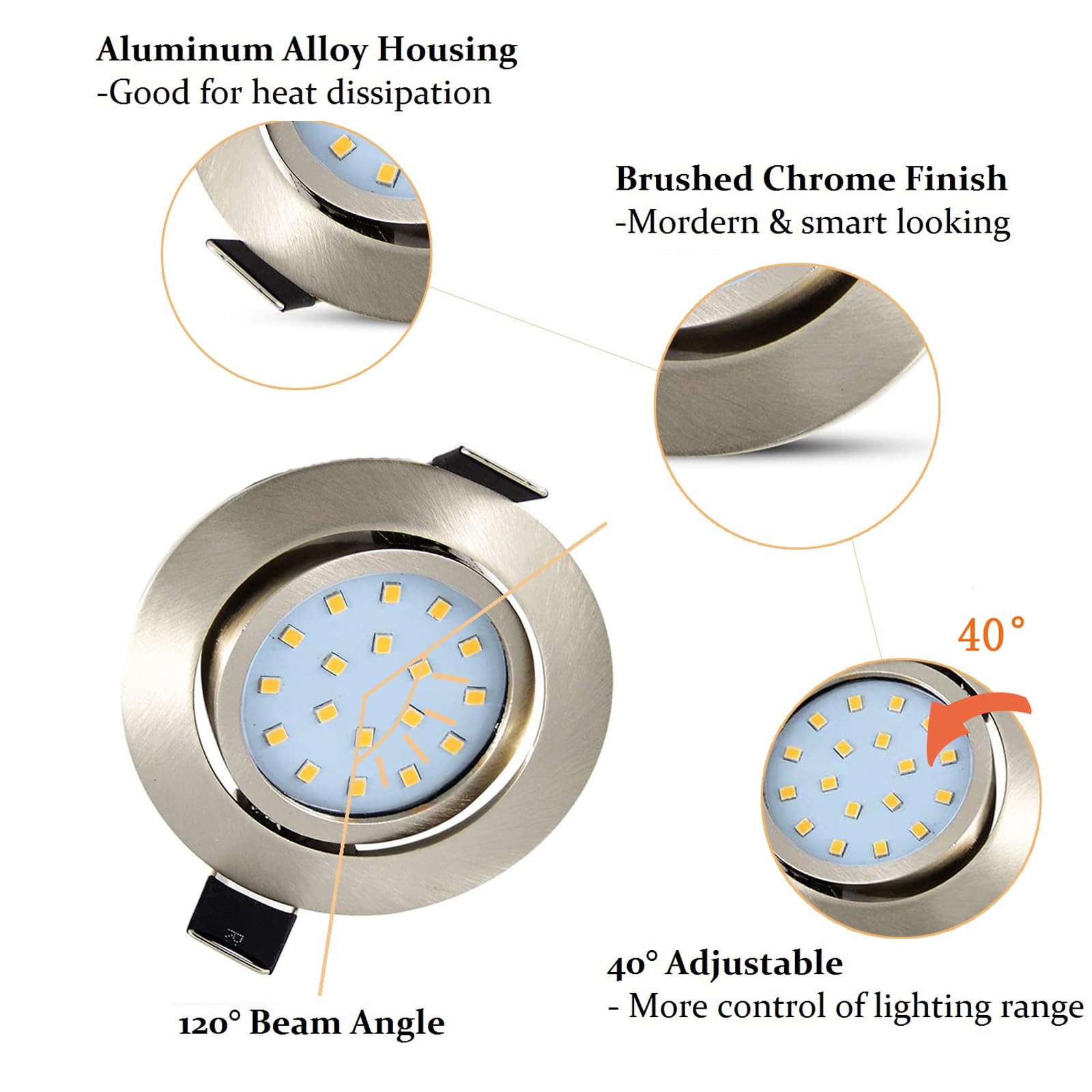 HiBay 8er Ultra Flach LED Einbaustrahler 5W Warmweiß Deckenstrahler 230V Edelstahl Gebürstet Einbauleuchten 40° Schwenkbar Einbauspots