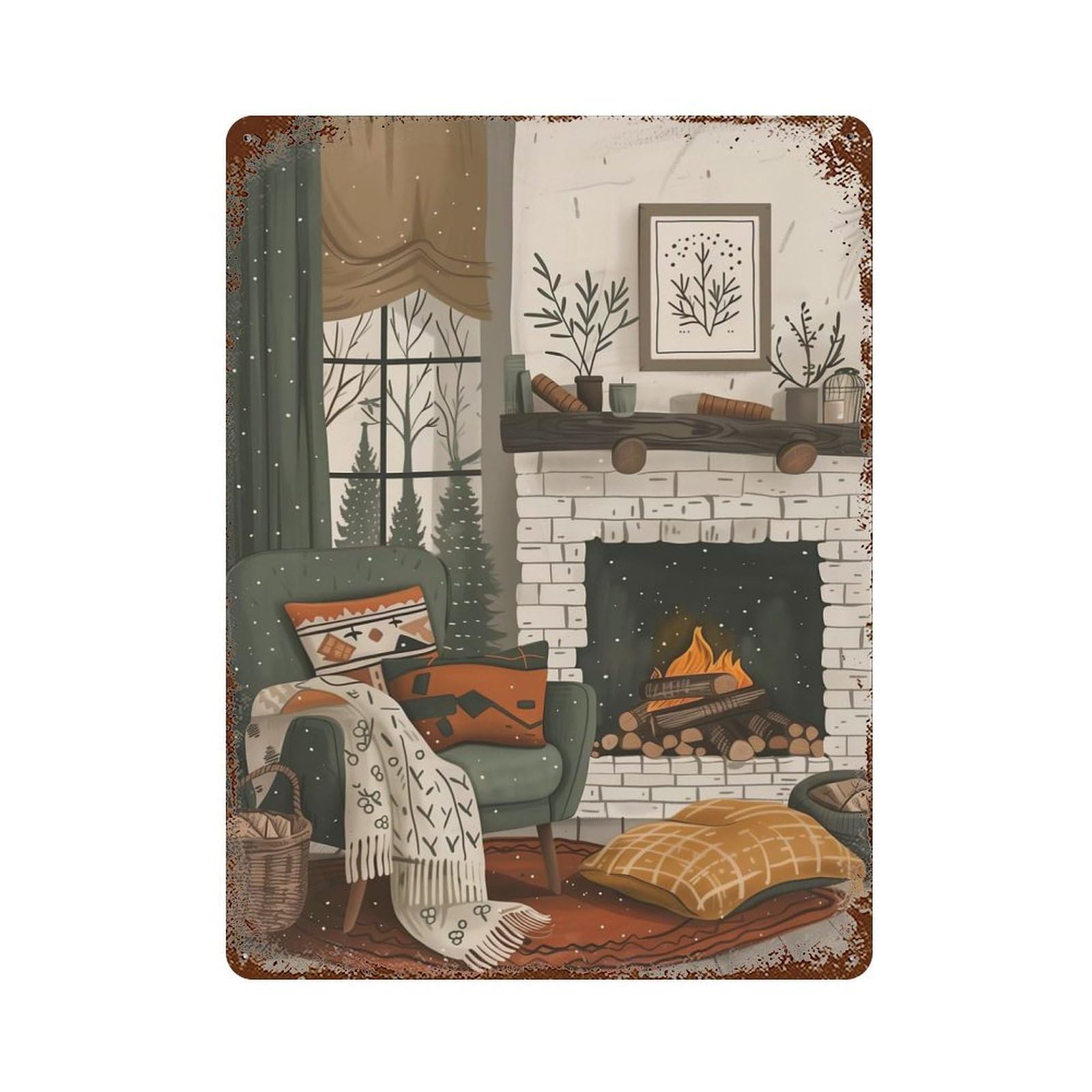 Rust Effect Cozy Fireplace Room Vintage Rust Metal Sign 15.7"x11.8", Classic Wall Plaque for Shed, Workshop And Garage Wall Decor