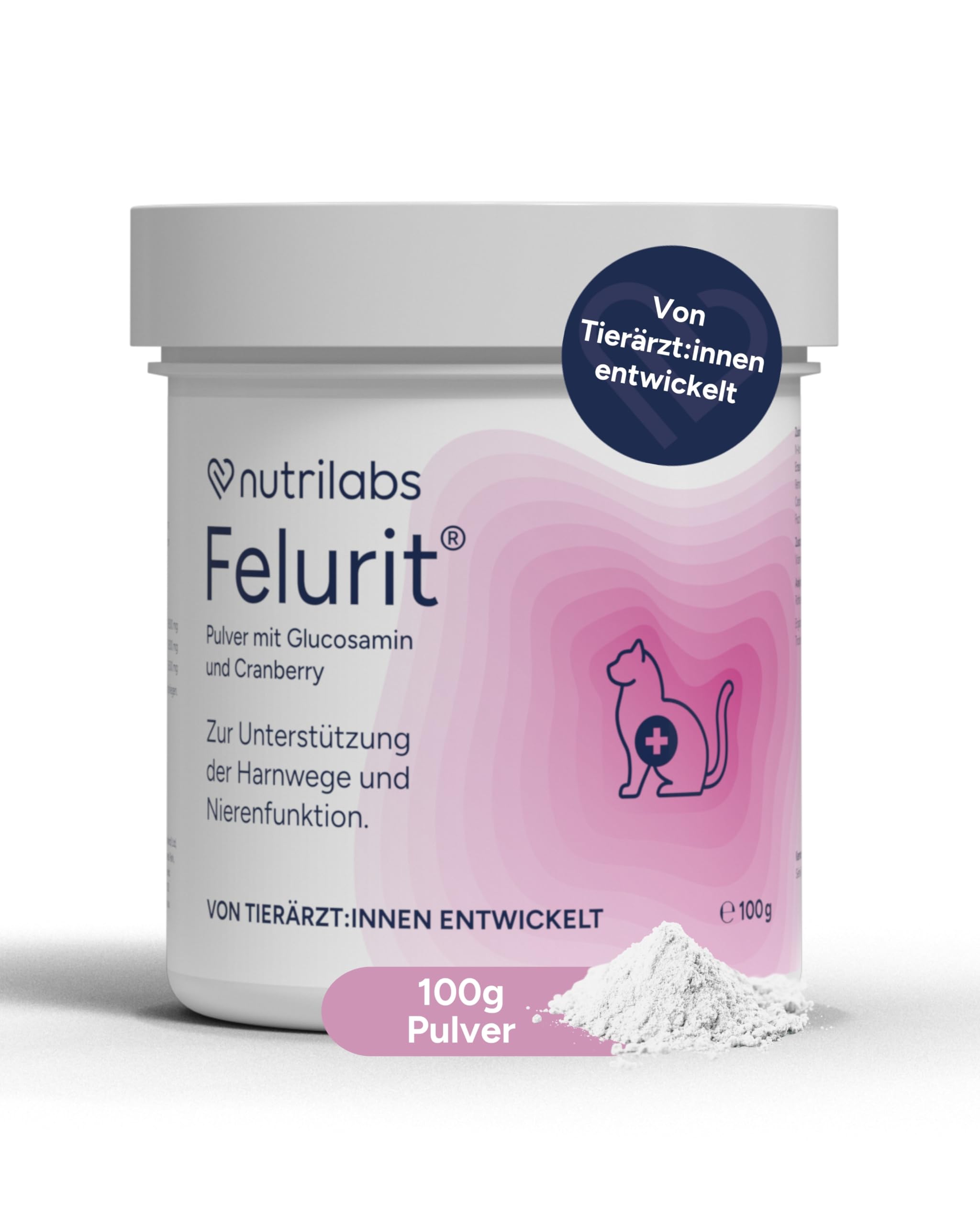 NutriLabs Felurit® Pulver 100 g - Katzen Nahrungsergänzung mit Glucosamin, D-Mannose, Cranberry-Konzentrat u.v.m. - wichtige Nährstoffe - Gesundheitsprodukte für Katzen