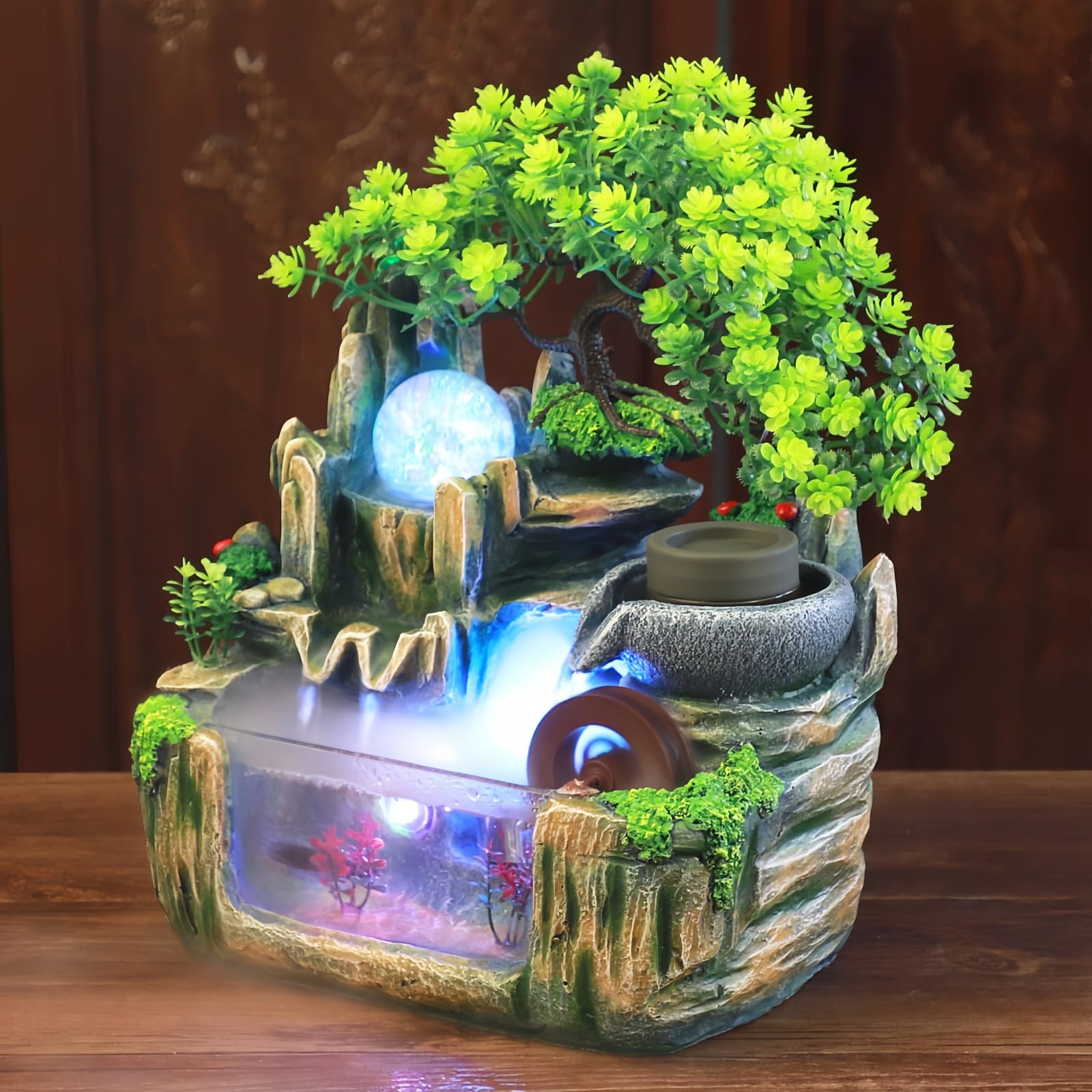 Fuente de habitación con iluminación LED – Fuente de mesa para interior, cascada, fuente con niebla, fuente de escritorio, fuente grande con plantas para sala de estar escritorio
