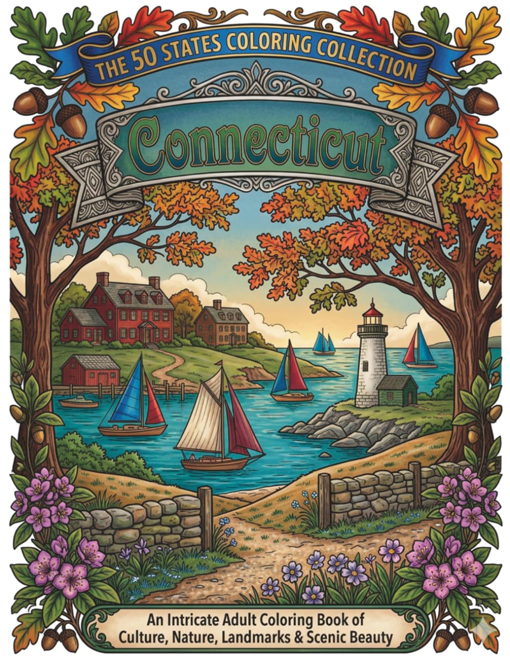 Connecticut Coloring Book for Adults and Teens: Scenic Landmarks, Mystic Seaport, Yale, Castles, Coastal Views & Relaxing Travel Pages