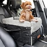 Center Console Dog Car Seat for Small Dogs,PU Leather Small Dog Car Booster Seat,Washable Foldable with Safe Protection Hooks Adjustable Straps and Storage Pocket Pet Up to 15lbs-Black