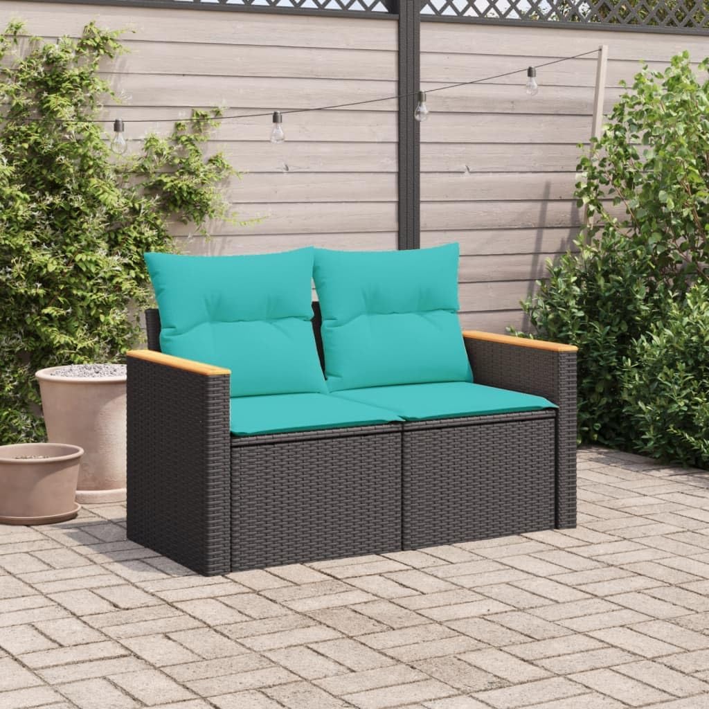 2-Seater Outdoor Garden Sofa, Modern Patio Loveseat with Cushions, Black Synthetic Poly Rattan Furniture for Balcony, Terrace, and Backyard