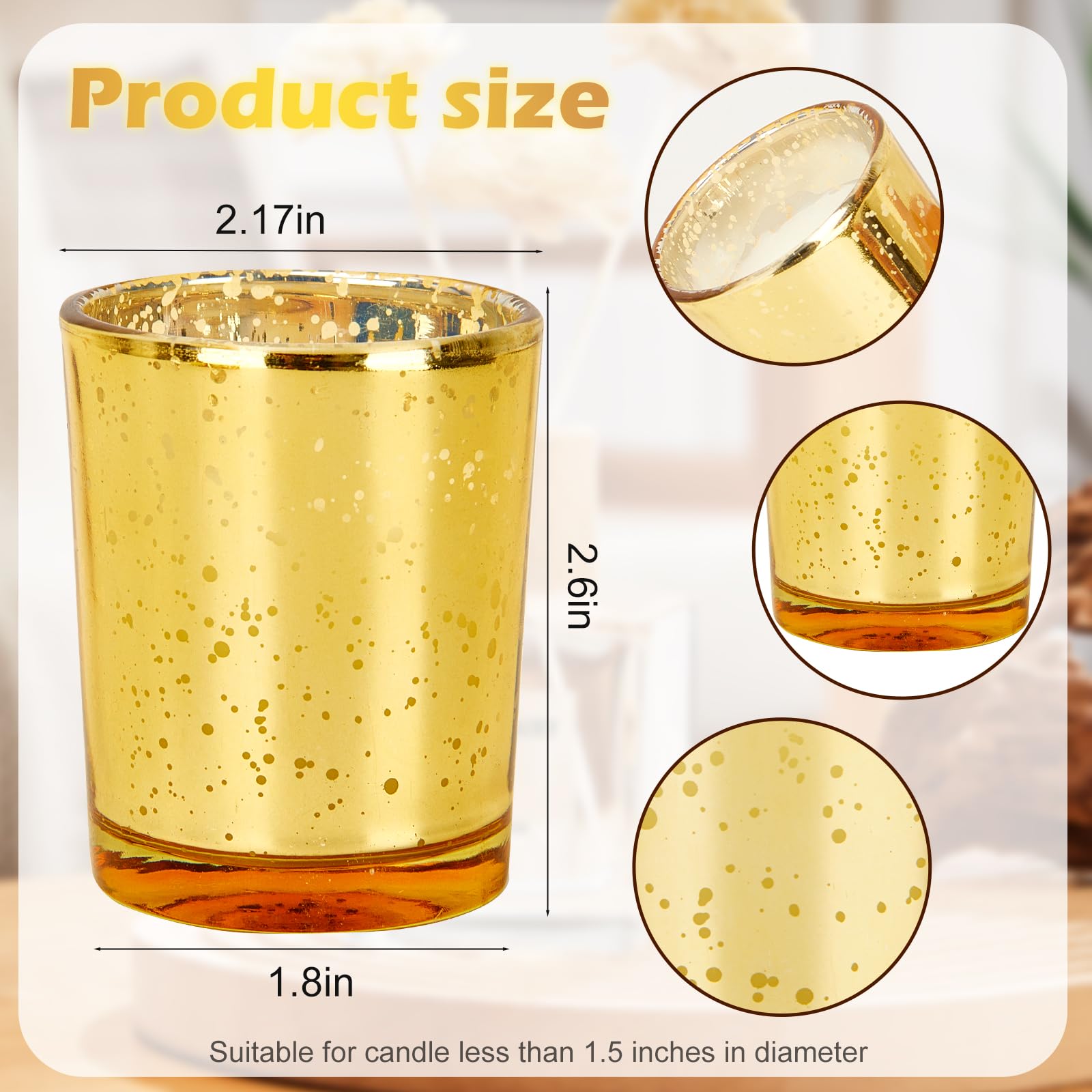 Soft Breeze 24 PCS Speckled Mercury Golden Glass Votive Candle, Unscented Gold Glass Candle, Christmas Decorations Wedding for Table Home Birthday Anniversary Candles,Golden Color